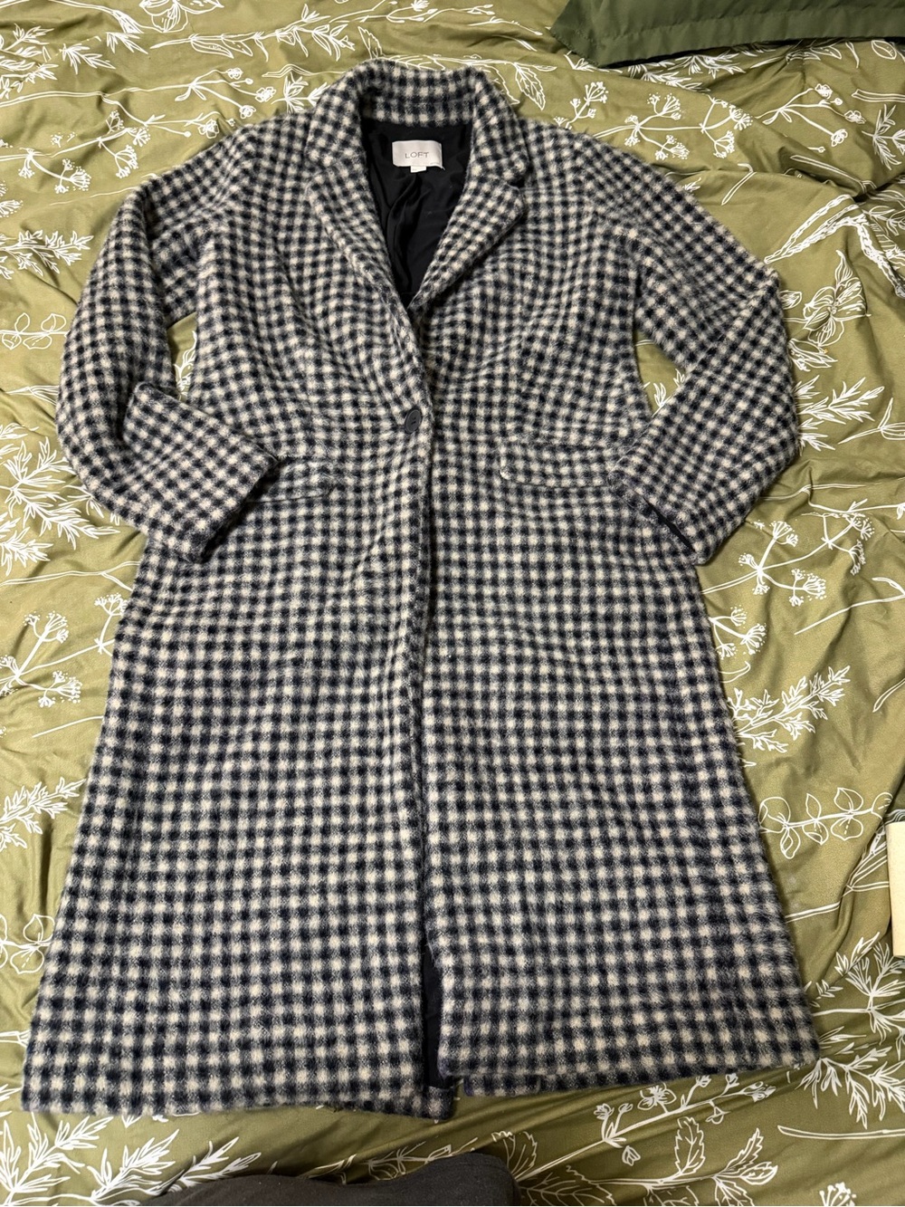 LOFT Navy & Cream Checked Long Wool-Blend Peacoat